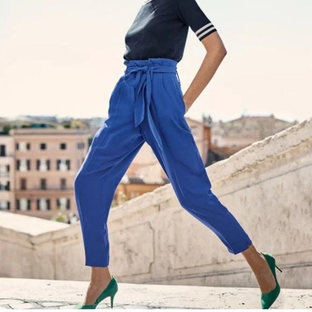 Boden Melina Paperbag Trouser Pants Womens US 4P Blue High Waisted Ankle Length